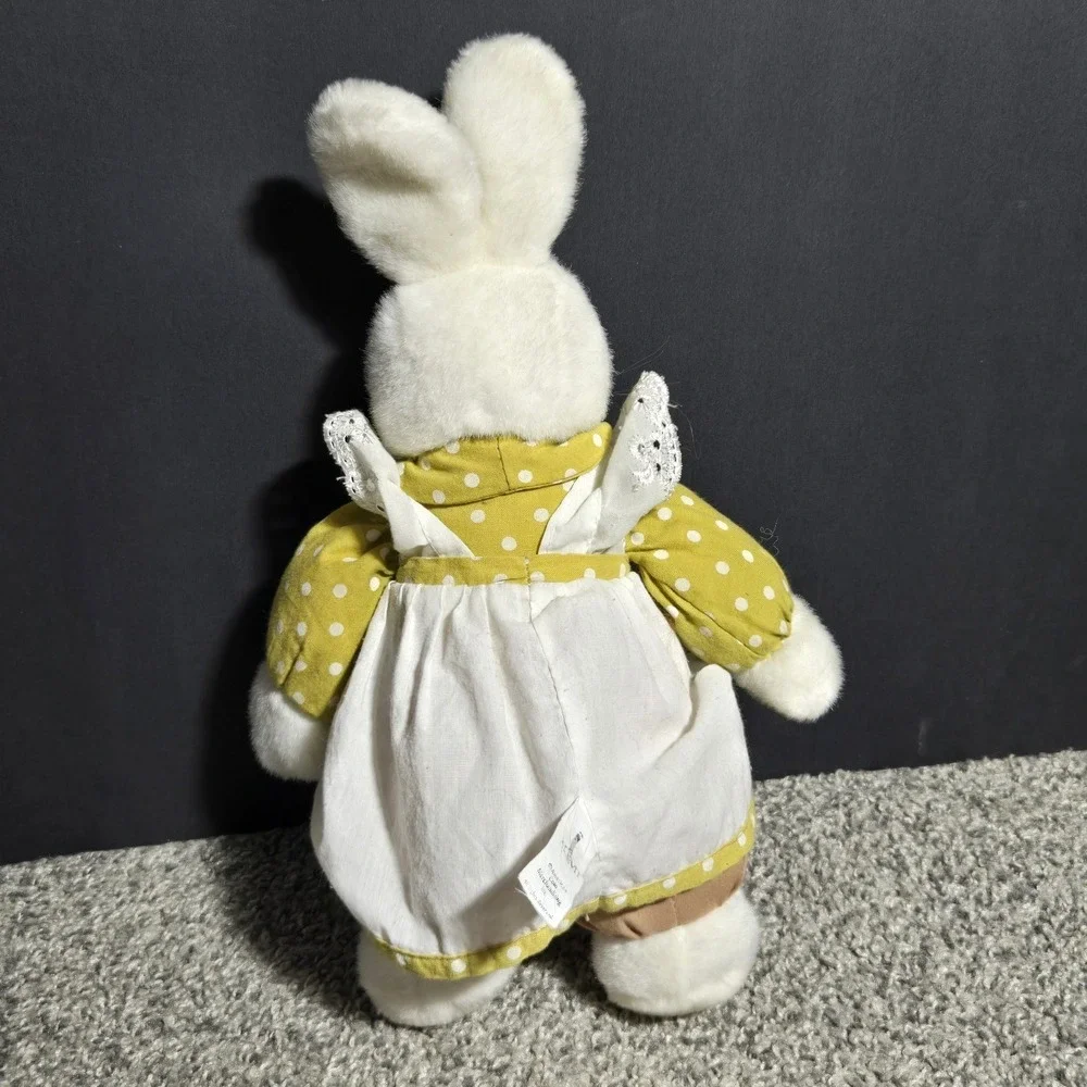 VINTAGE ACMI Rabbit Plush White Bunny Yellow Dress Polka Dots Cottagecore EASTER